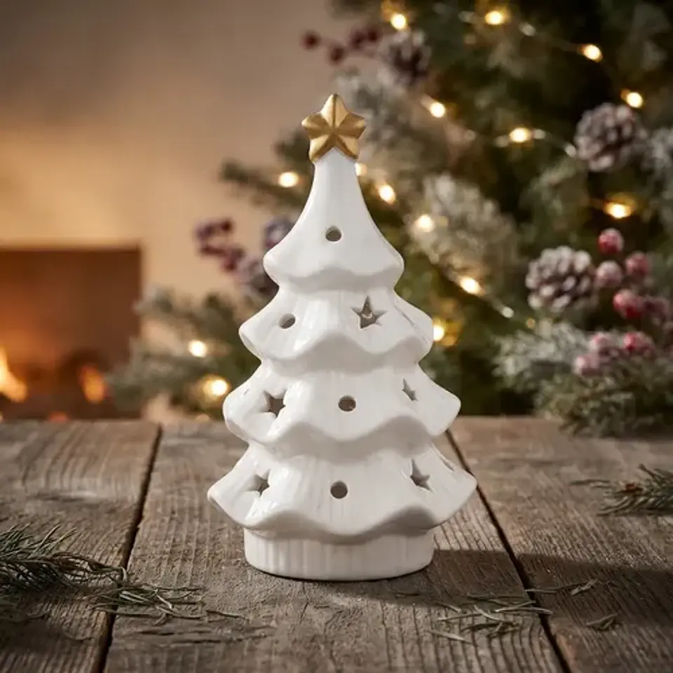 Árbol De Navidad Cerámico Blanco Con Luz Led 1