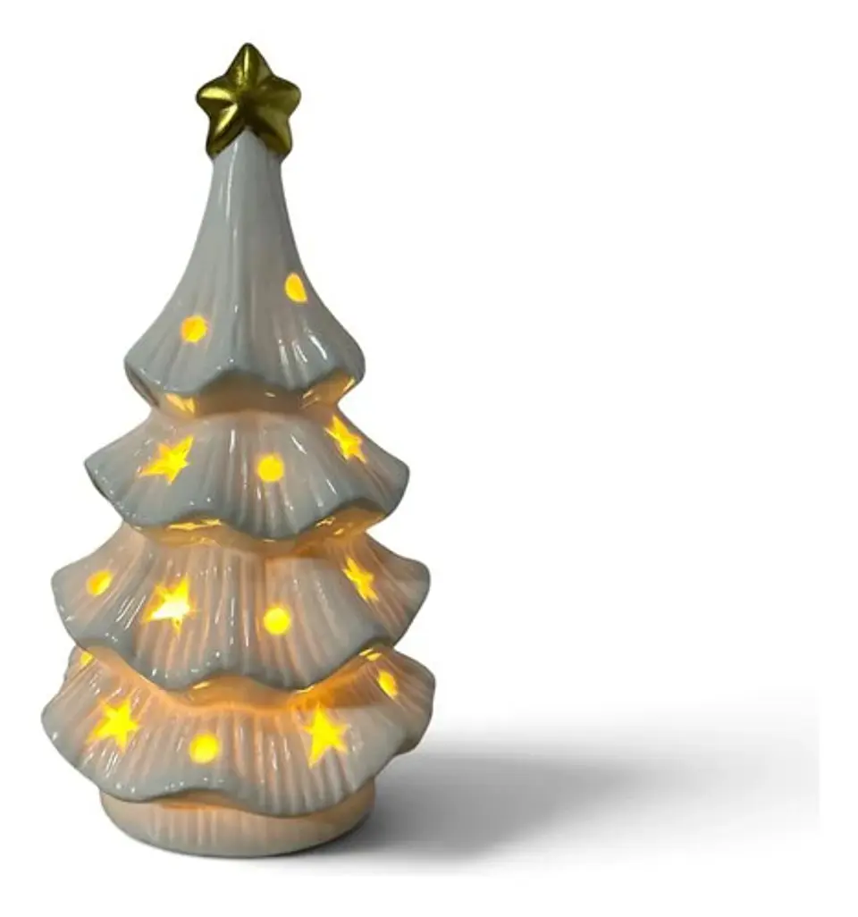 Árbol De Navidad Cerámico Blanco Con Luz Adorno Decorativo 3