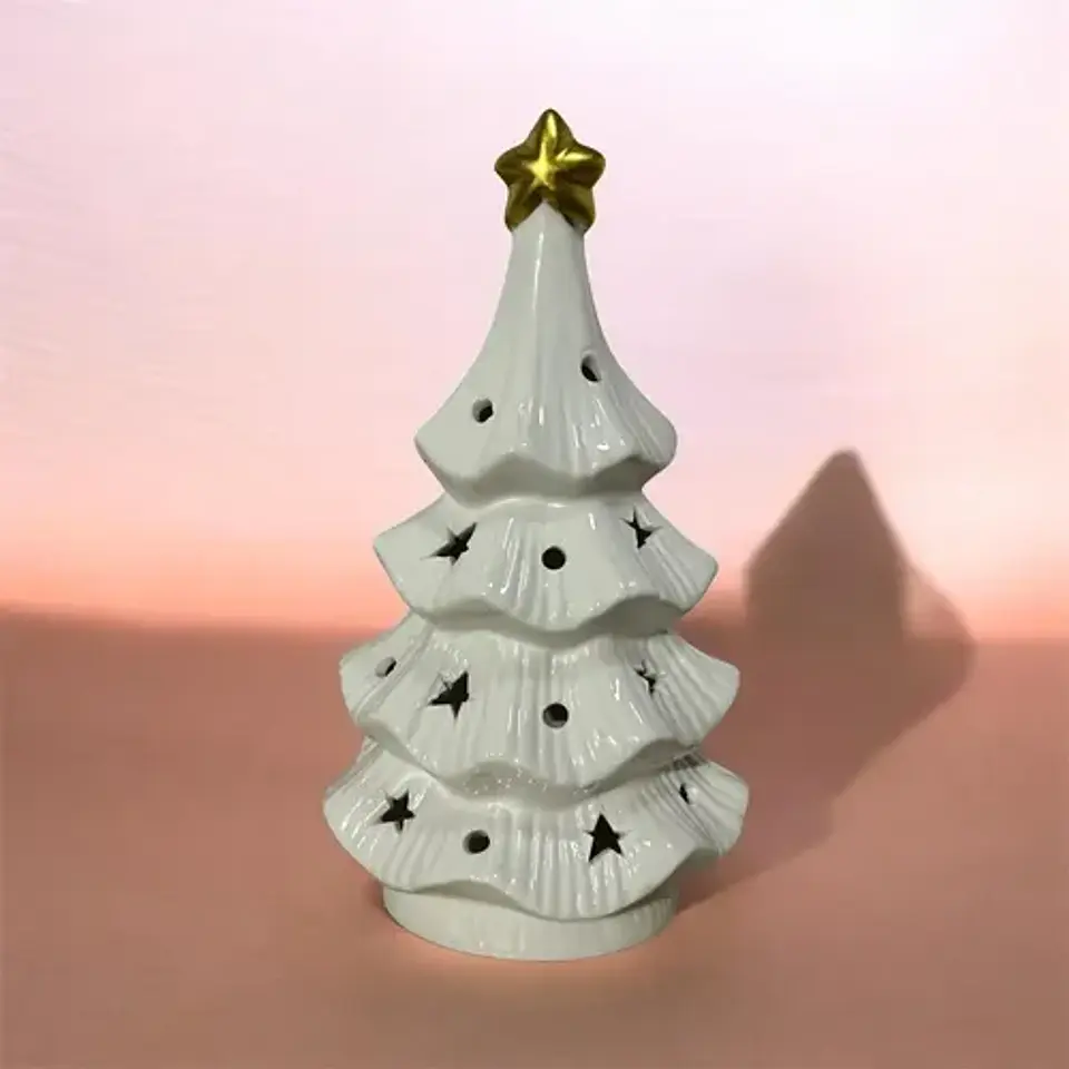 Árbol De Navidad Cerámico Blanco Con Luz Adorno Decorativo 8