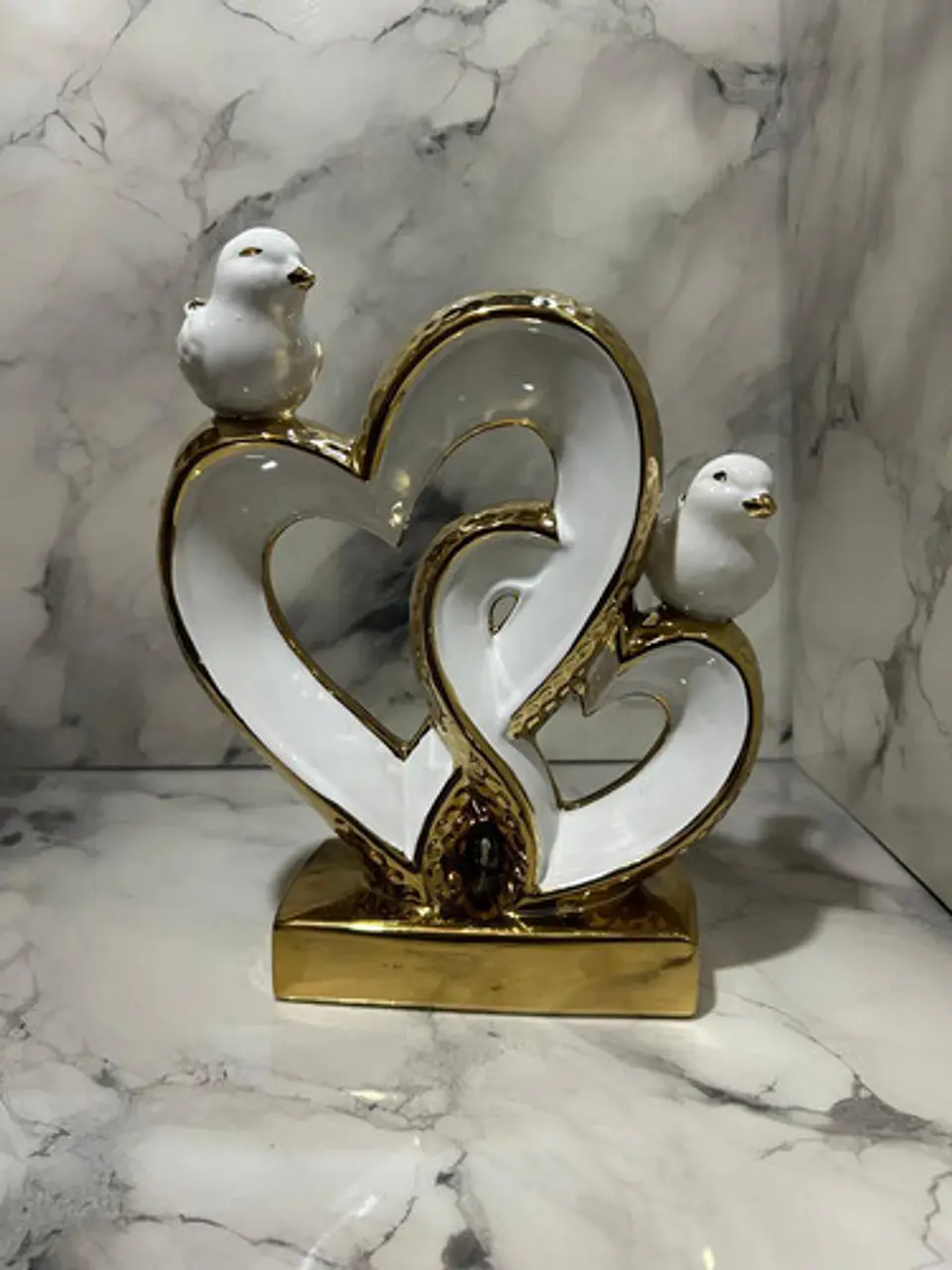 Figura Decorativa De Corazones Con Pájaros Blanco Y Dorado 8