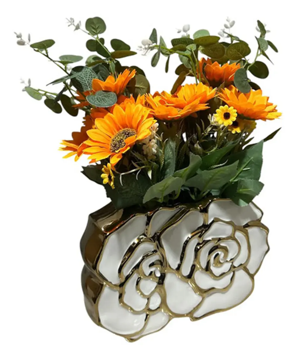 Jarrón Decorativo Para Flores Artificiales Blanco Y Dorado 2