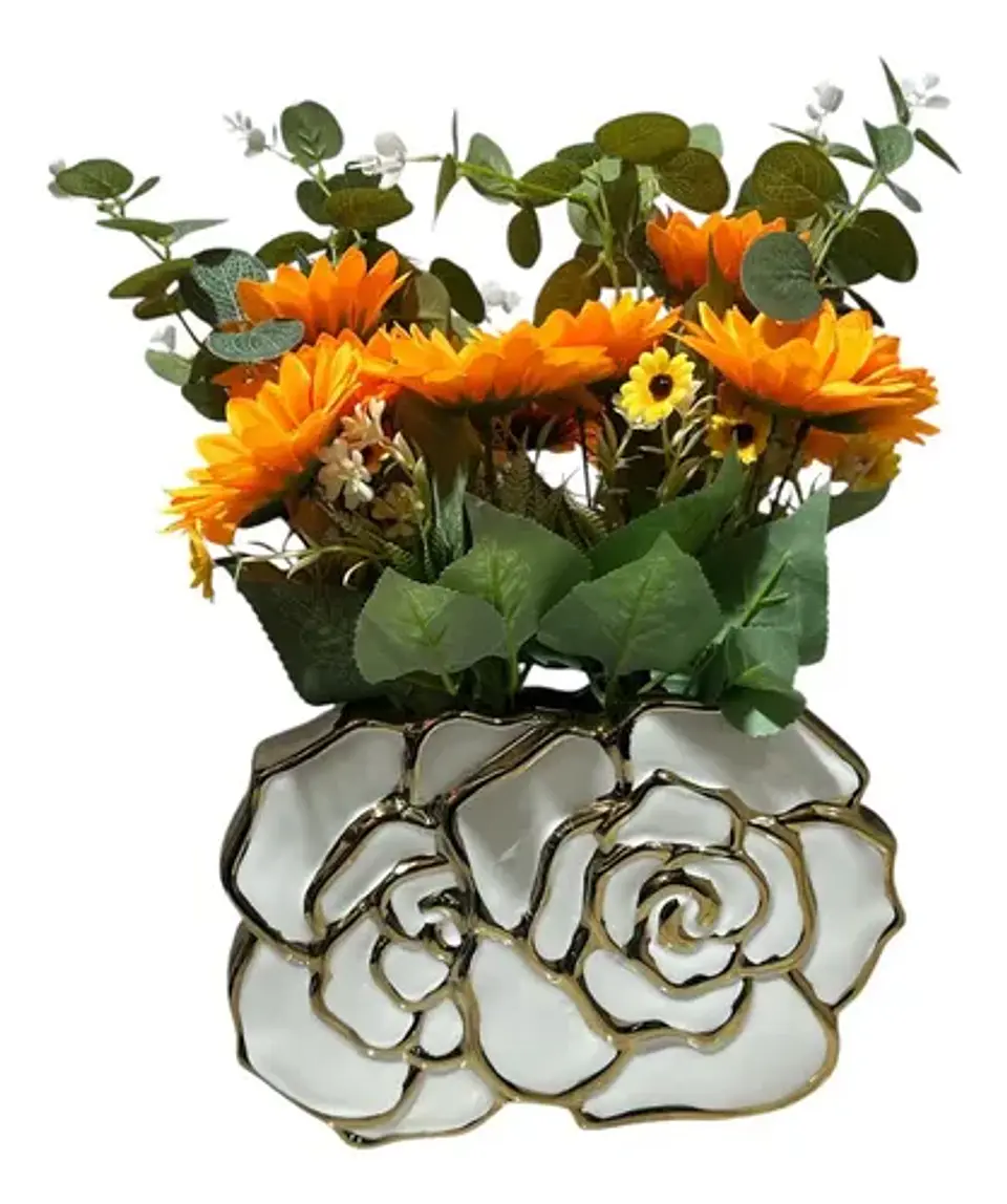 Jarrón Decorativo Para Flores Artificiales Blanco Y Dorado 4