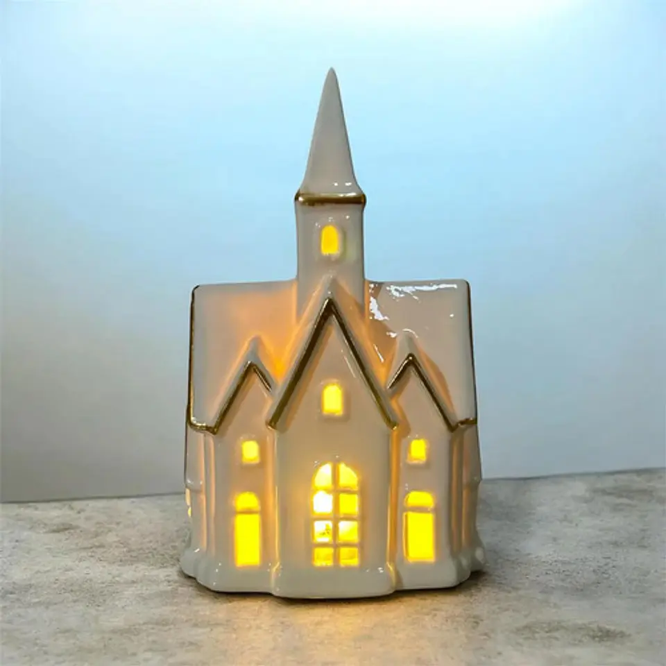 Casita Navideña De Cerámica Blanca Con Luz Adorno Decorativo 1