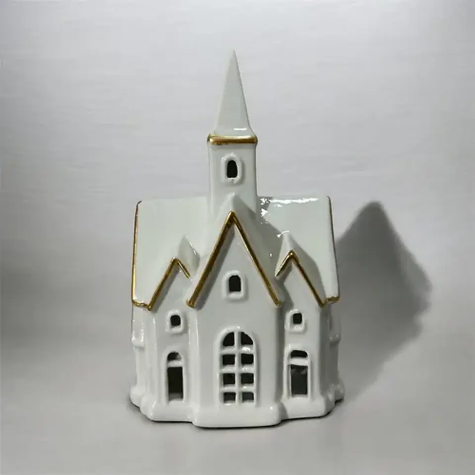 Casita Navideña De Cerámica Blanca Con Luz Adorno Decorativo 2