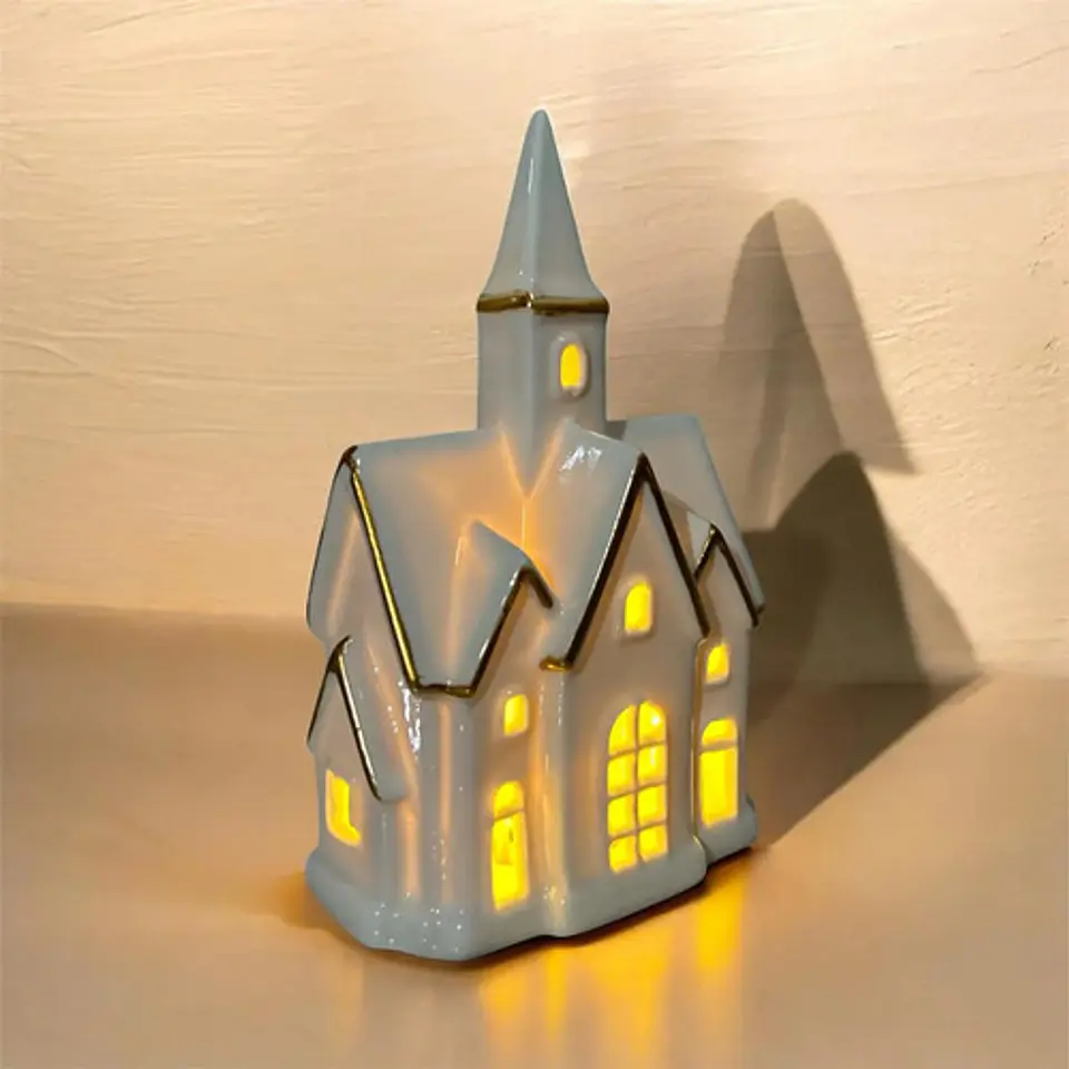 Casita Navideña De Cerámica Blanca Con Luz Adorno Decorativo 7