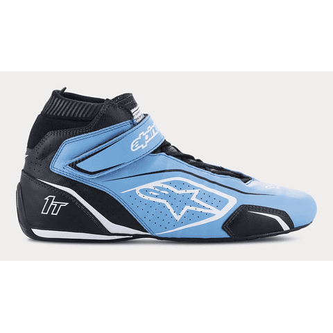 BOTAS FIAAUTO RACING ALPINESTRAS MODELO  TECH-1 T V3 SHOES EN COLOR LT BLUE BLACK WHITE EN TALLA 8 USA ADULTO