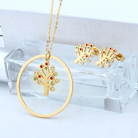 Conjunto Dorado Árbol de la Vida Collar y Aretes de Colores