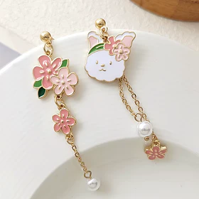 Aros Conejito y Flores con Cadenas Colgantes
