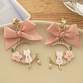 Aros Gato Floral con Lazo Rosa