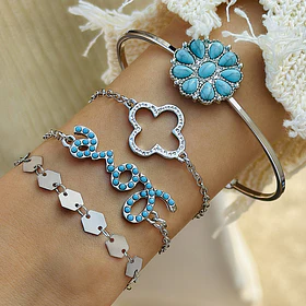 Set de Pulseras Plateadas con Detalles Turquesa — Diseño Moderno y Femenino