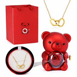 Caja de Joyería Oso Rojo con Rosa Eterna y Collar de Corazones