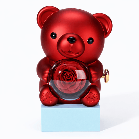 Caja de Joyería Oso Rojo con Rosa Eterna y Collar de Corazones