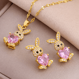 Conjunto de Collar y Aros Conejito con Corazón Rosa