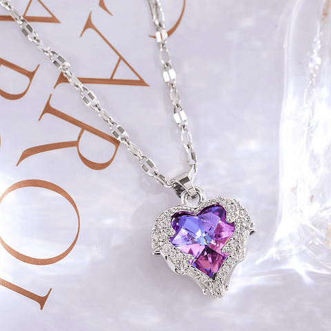 Collar Corazón Cristal Violeta en Acero Inoxidable