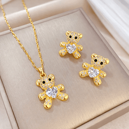 Conjunto Collar y Aros Osito Brillante Corazón