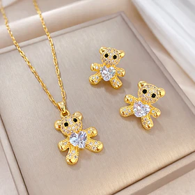 Conjunto Collar y Aros Osito Brillante Corazón