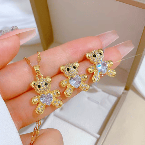 Conjunto Collar y Aros Osito Brillante Corazón