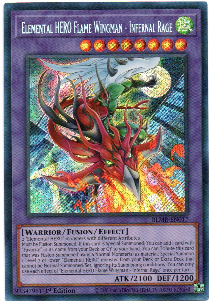 Elemental HERO Flame Wingman - Infernal Rage carta yugi BLMR-EN012 Secret Rare