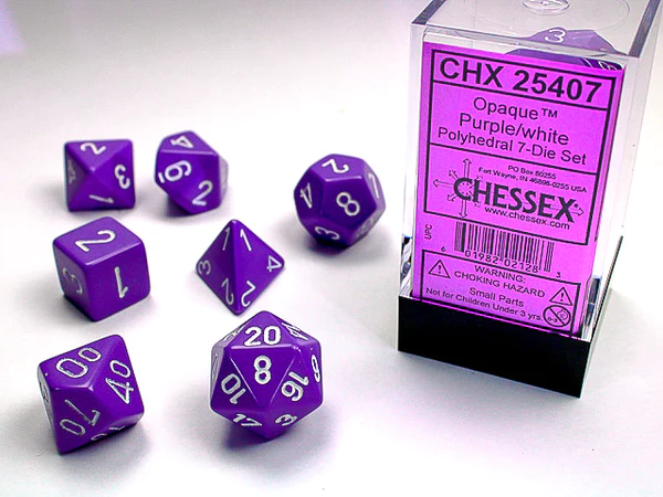 Dados Chessex Opaque light Purple/White 7-die set CHX 25407