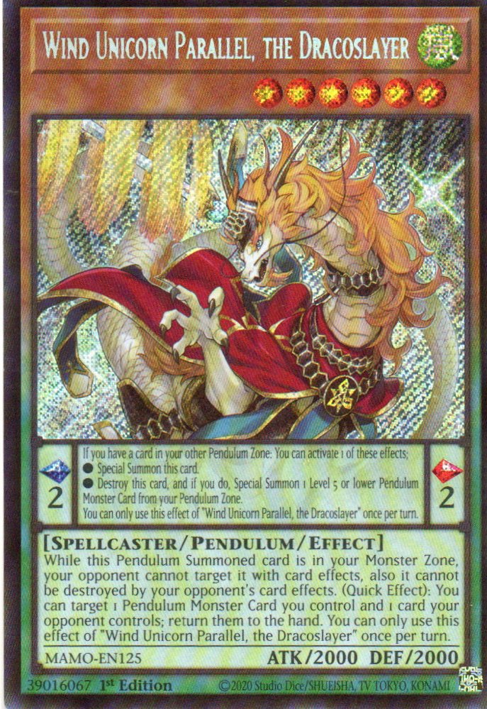 Wind Unicorn Parallel, the Dracoslayer MAMO-EN125 Secret Rare