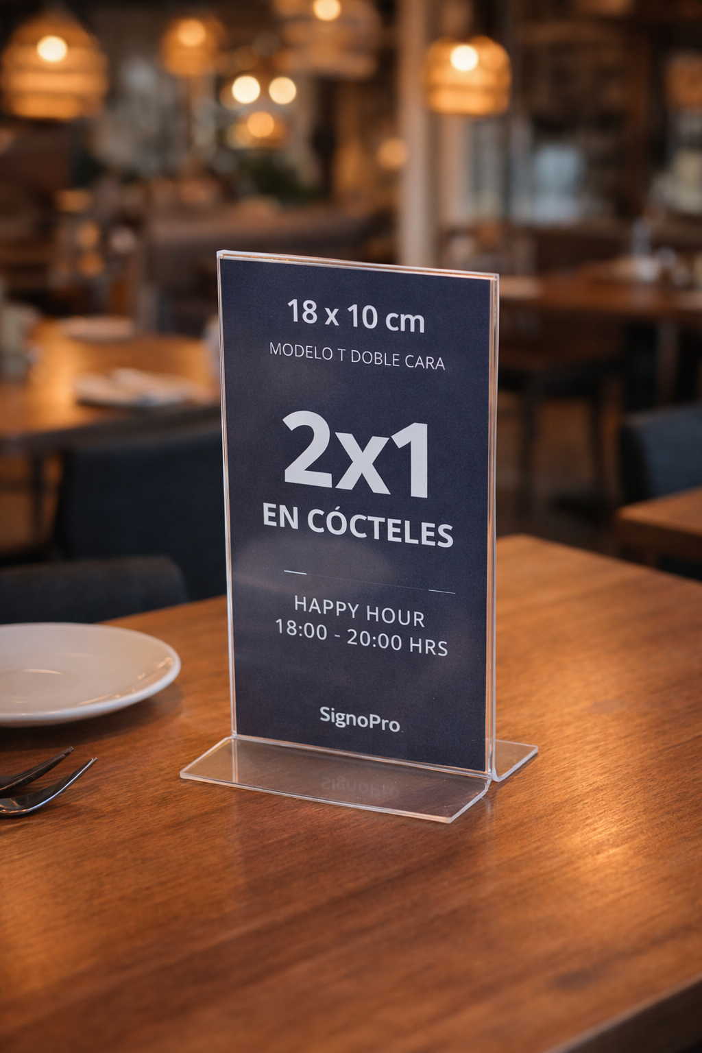 Portamenú Acrílico de Mesa 18 × 10 cm – Modelo T Doble Cara (Pack 50) 2