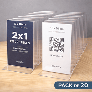 Portamenú Acrílico de Mesa 18 × 10 cm – Modelo T Doble Cara (Pack 20)