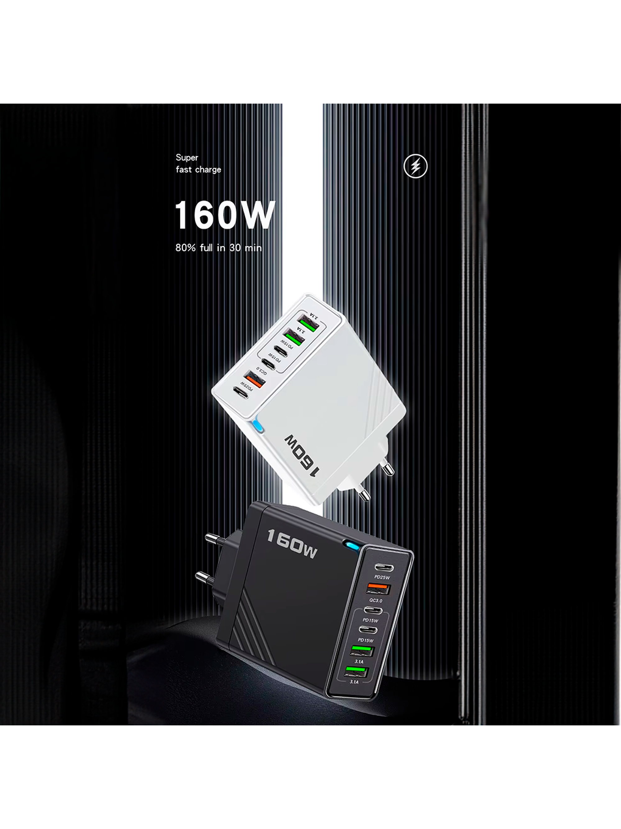 Cargador Múltiple 160w Carga Rápida Usb + Tipo-c 3