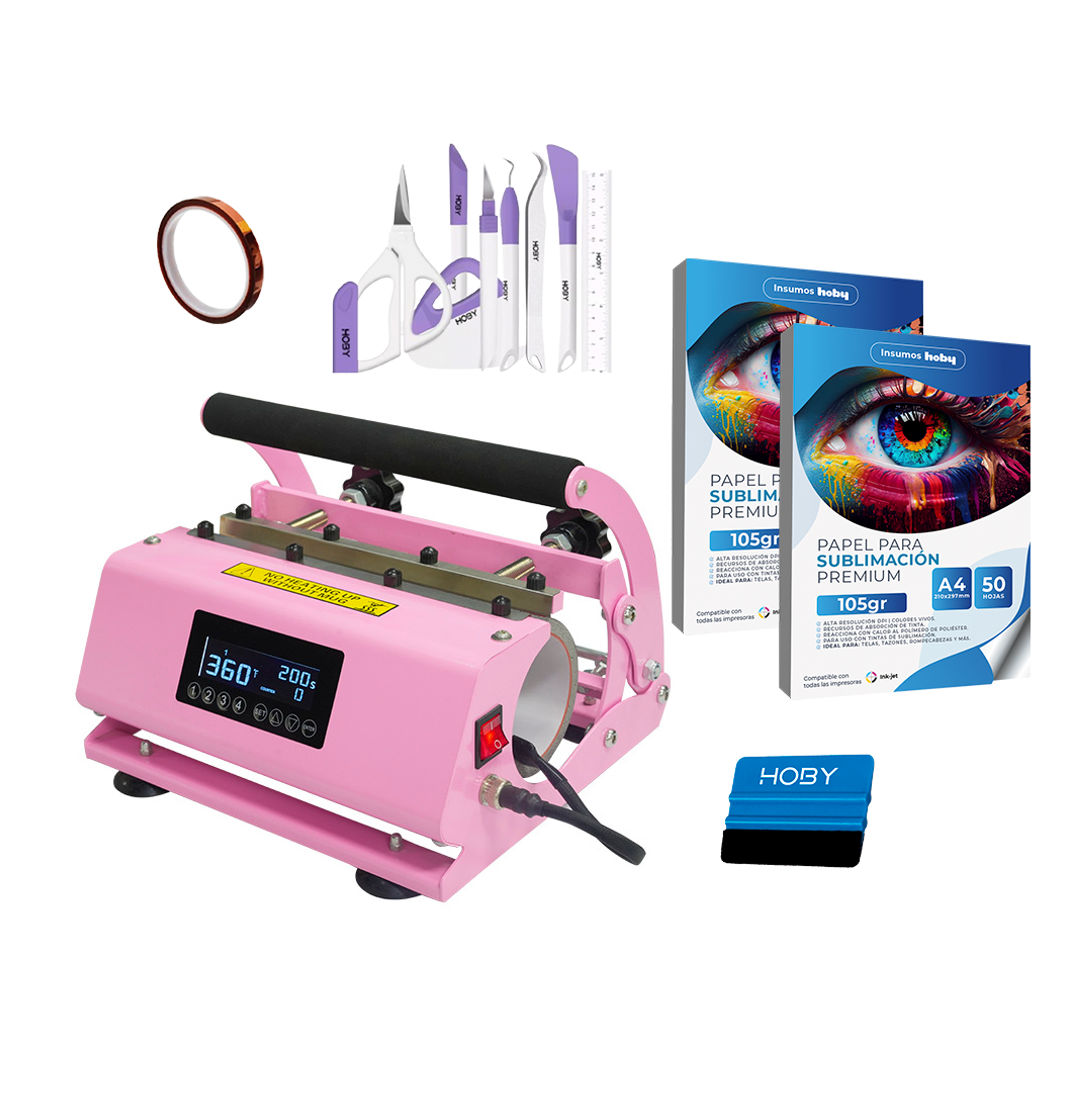 Kit Estampadora de tazones Doble Sublipress rosada + Insumos iniciales 1