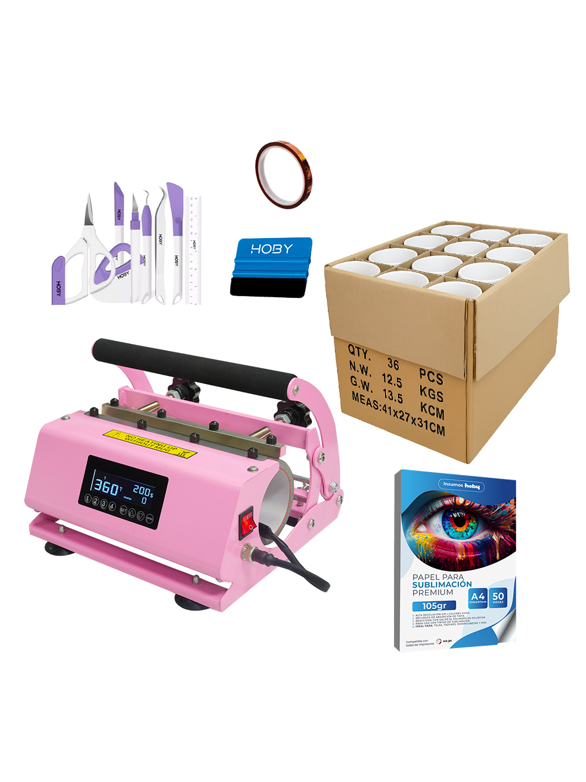 Kit Estampadora de tazones Doble Sublipress rosada + Caja de 36 tazones 1
