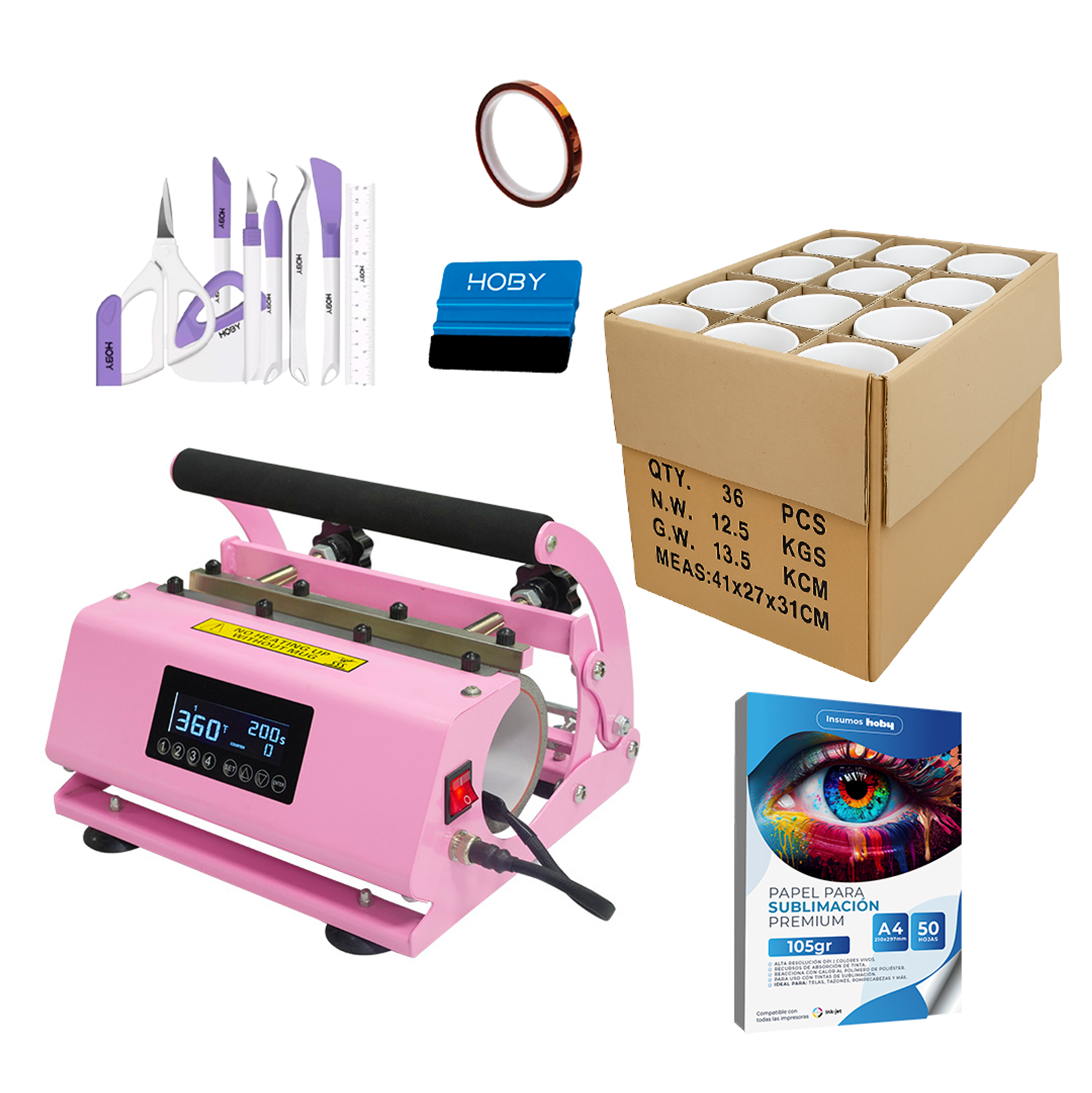 Kit Estampadora de tazones Doble Sublipress rosada + Caja de 36 tazones 1