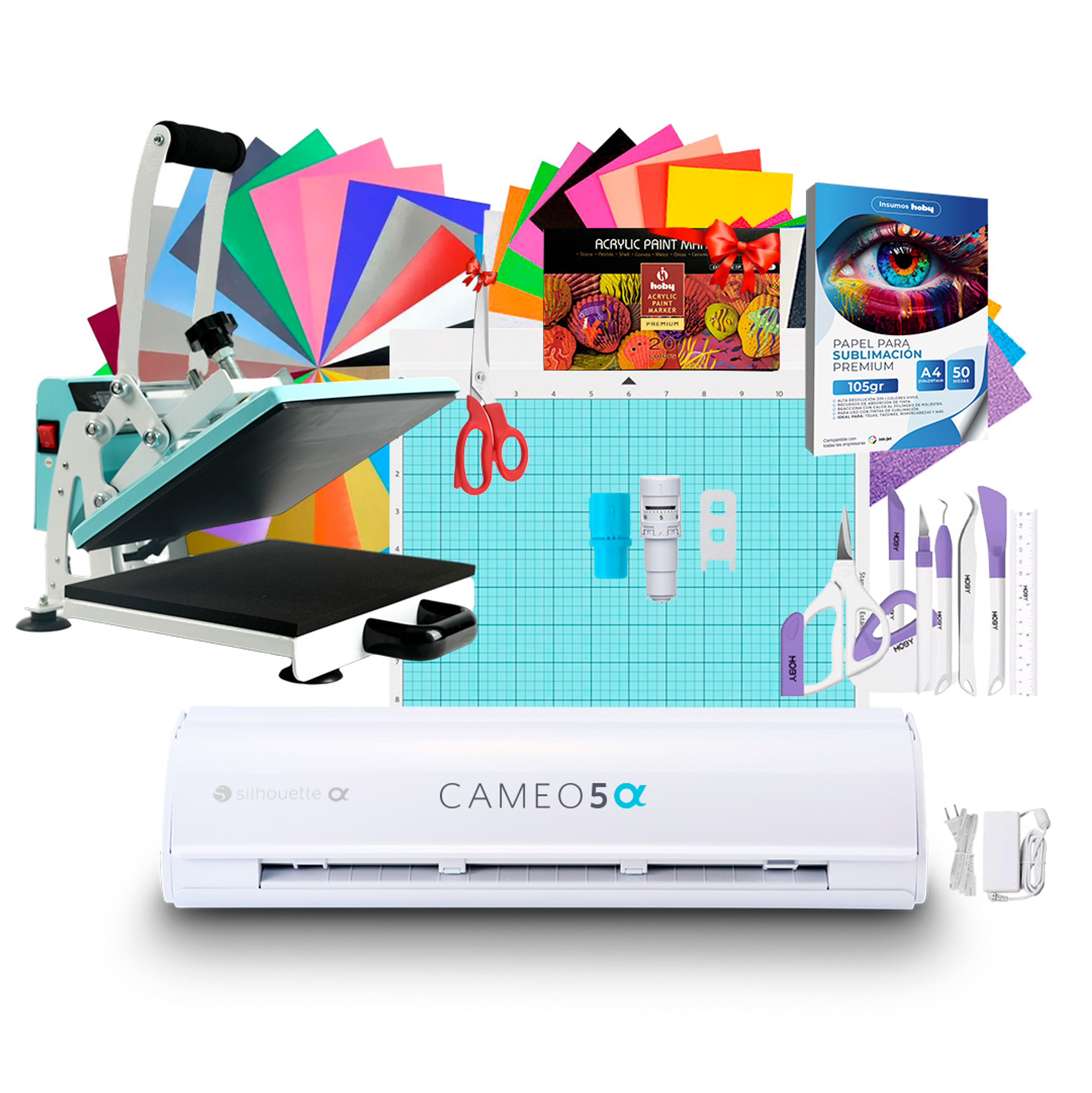 Kit Silhouette Cameo 5 alpha + Estampadora plana 23x30cm Sublipress + Insumos 1