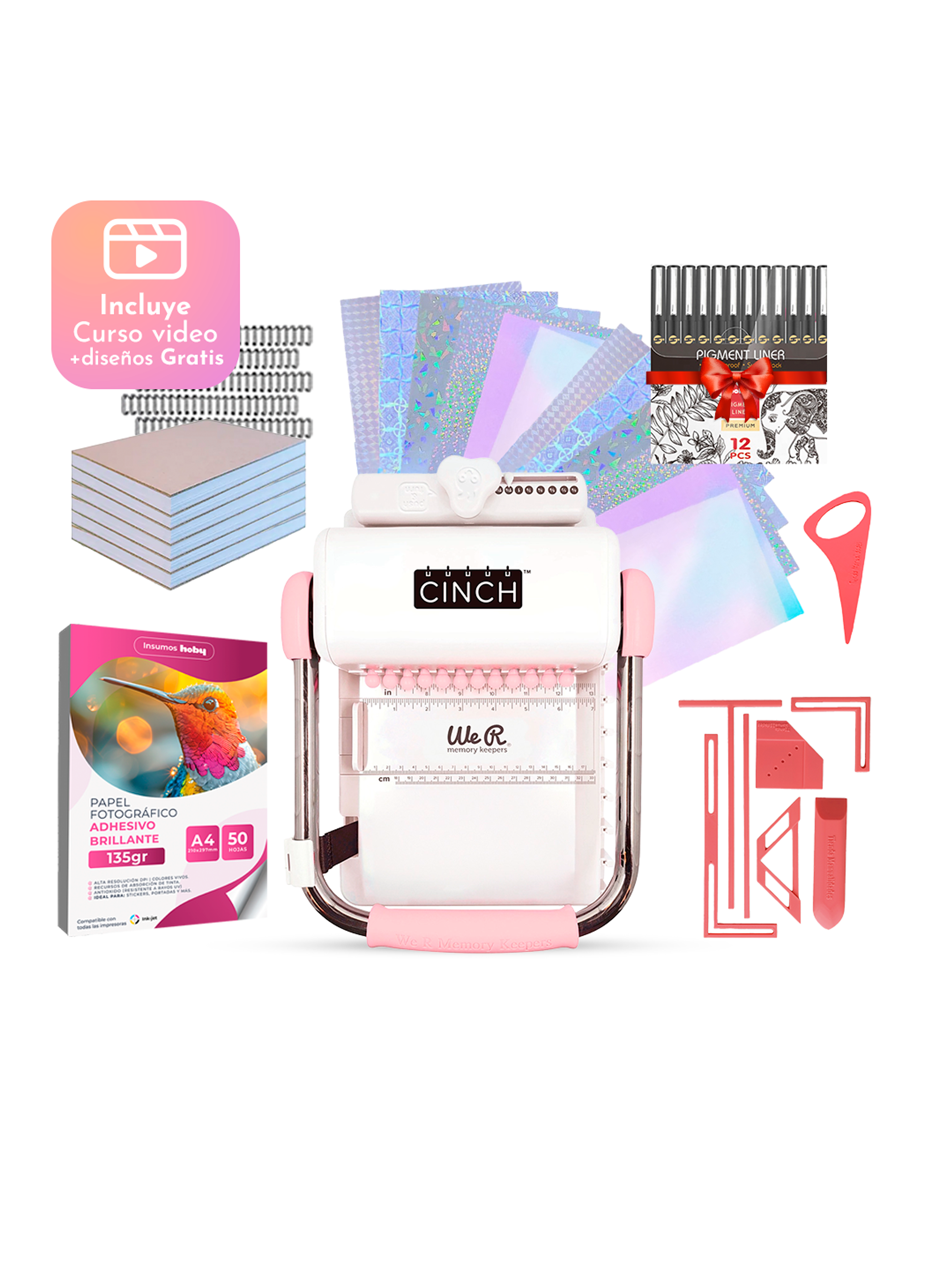 Kit De Encuadernadora Cinch rosada + Reglas E Insumos Vip 1