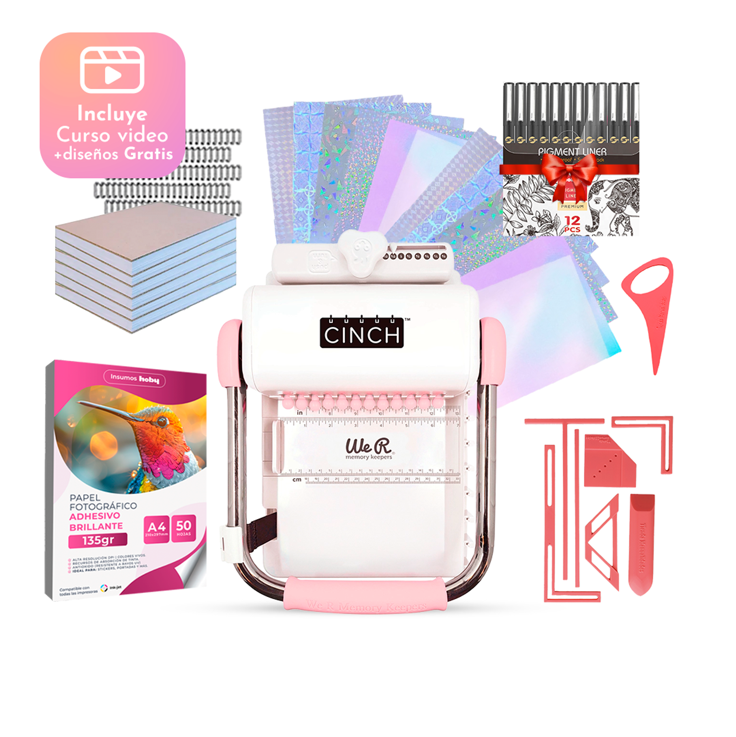 Kit De Encuadernadora Cinch rosada + Reglas E Insumos Vip 1