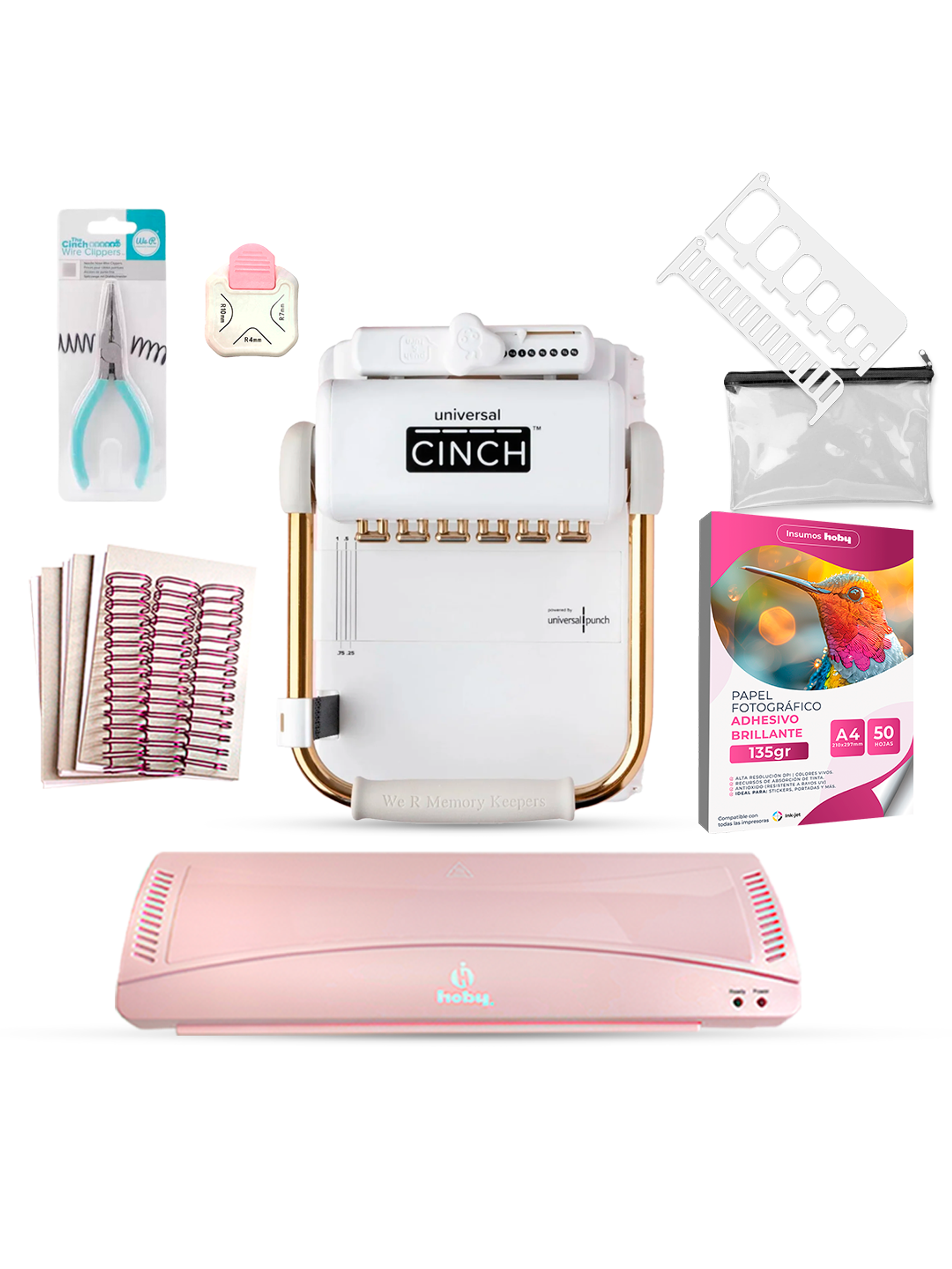 Kit Encuadernadora Universal Cinch + Laminadora Hoby A3 Rosada Uc04 1