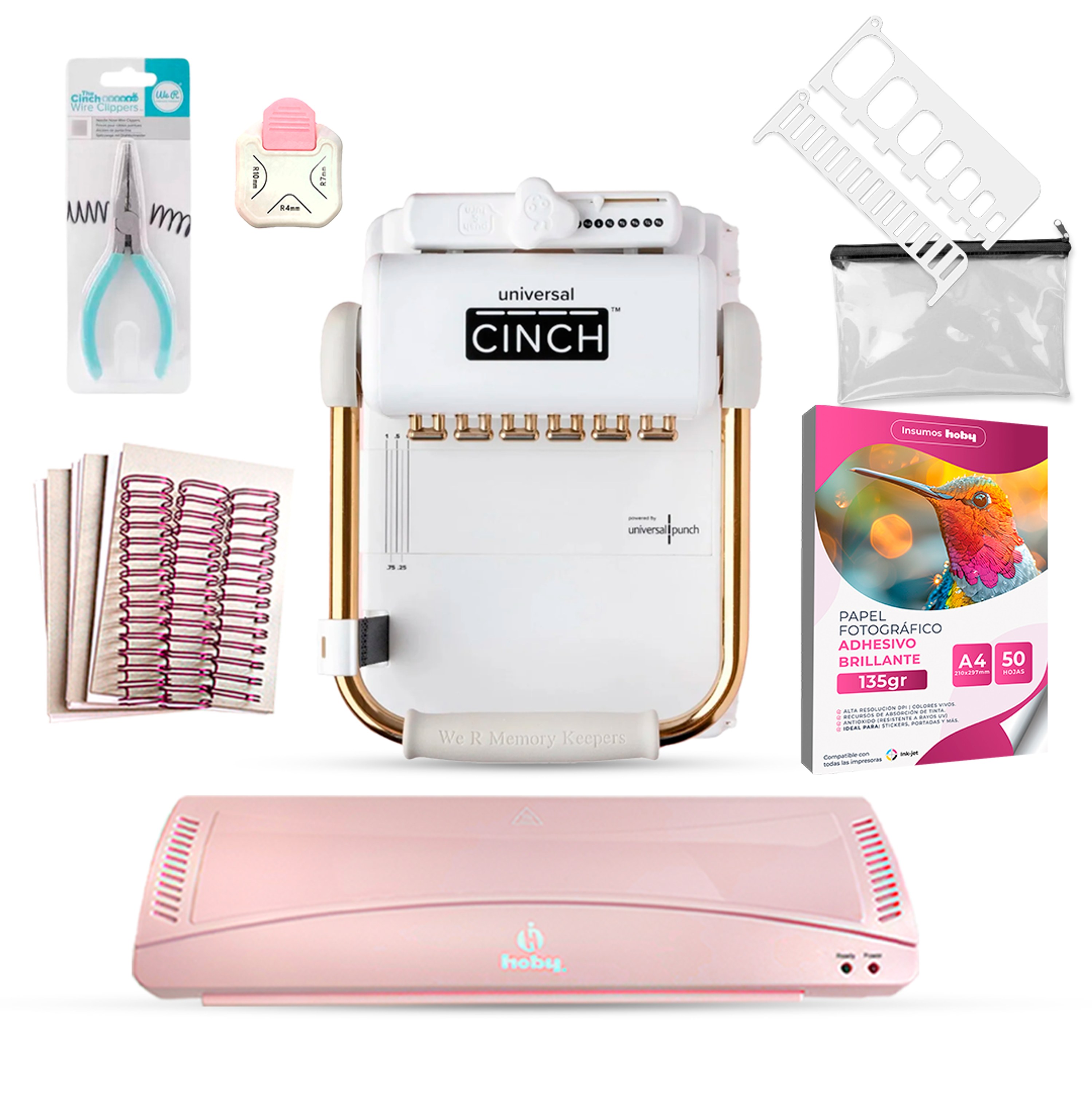 Kit Encuadernadora Universal Cinch + Laminadora Hoby A3 Rosada Uc04 1