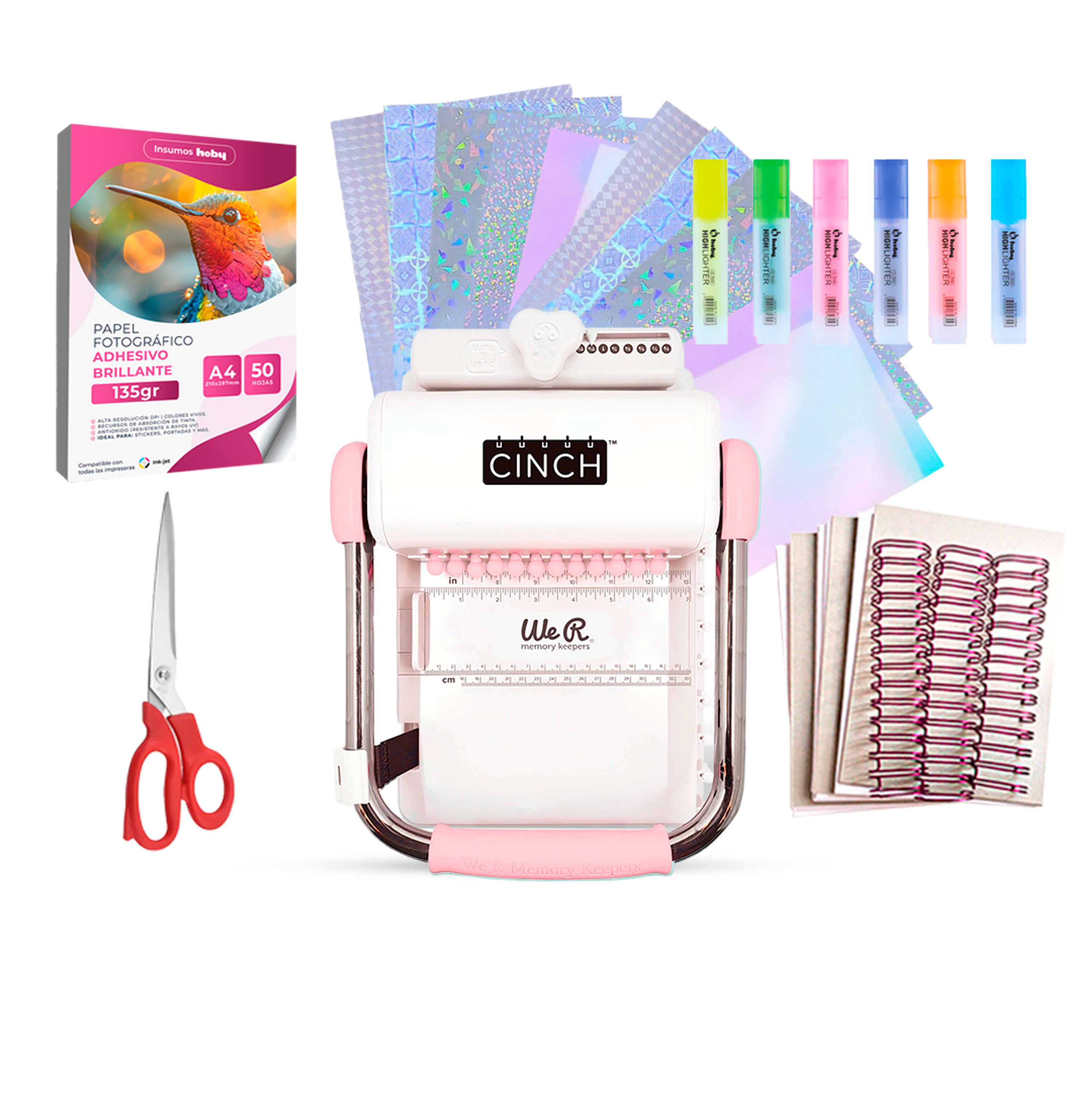 Kit Encuadernadora Cinch rosa + insumos y regalos 1