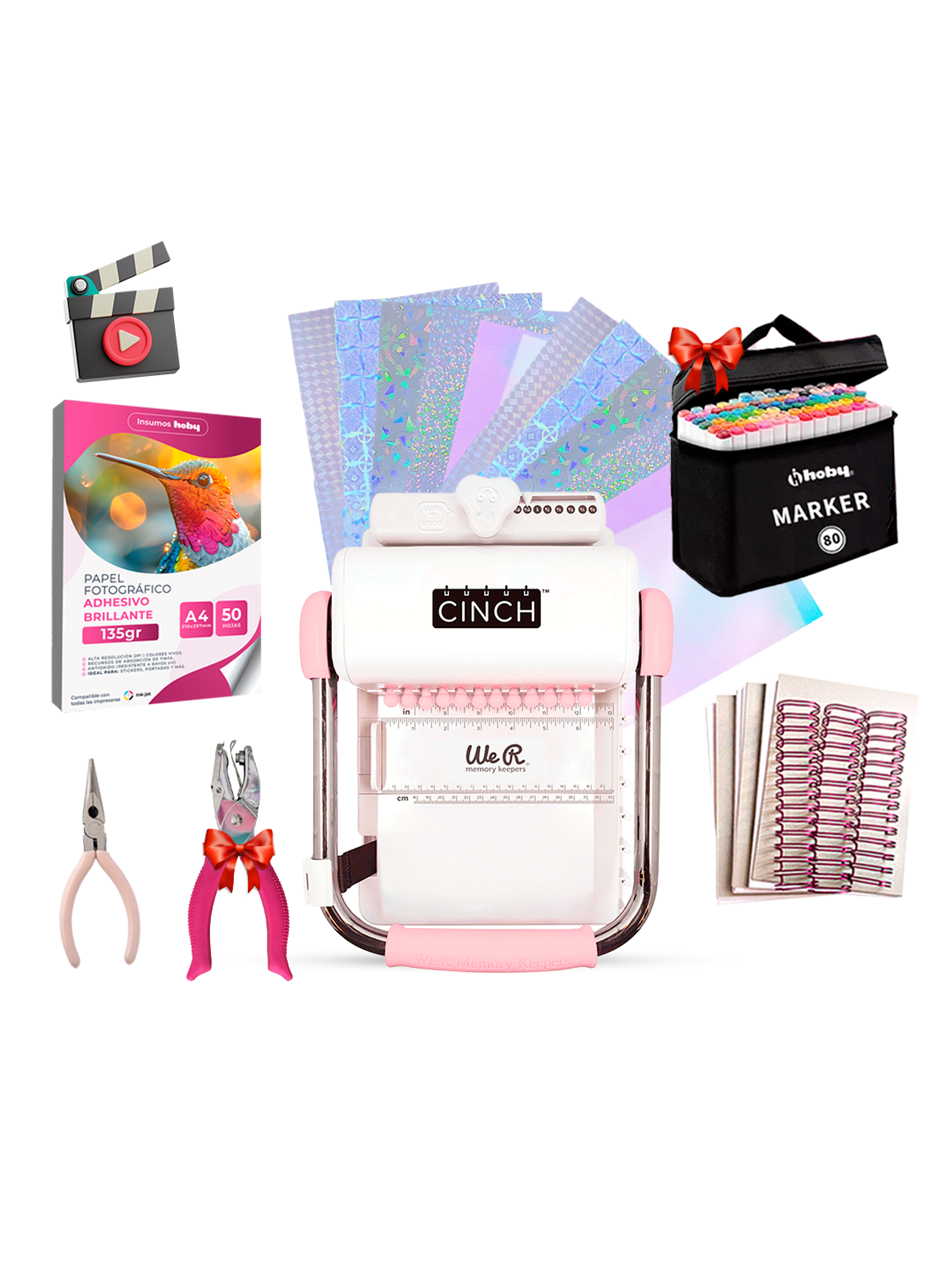 Kit Encuadernadora Cinch rosa + insumos y regalos 1