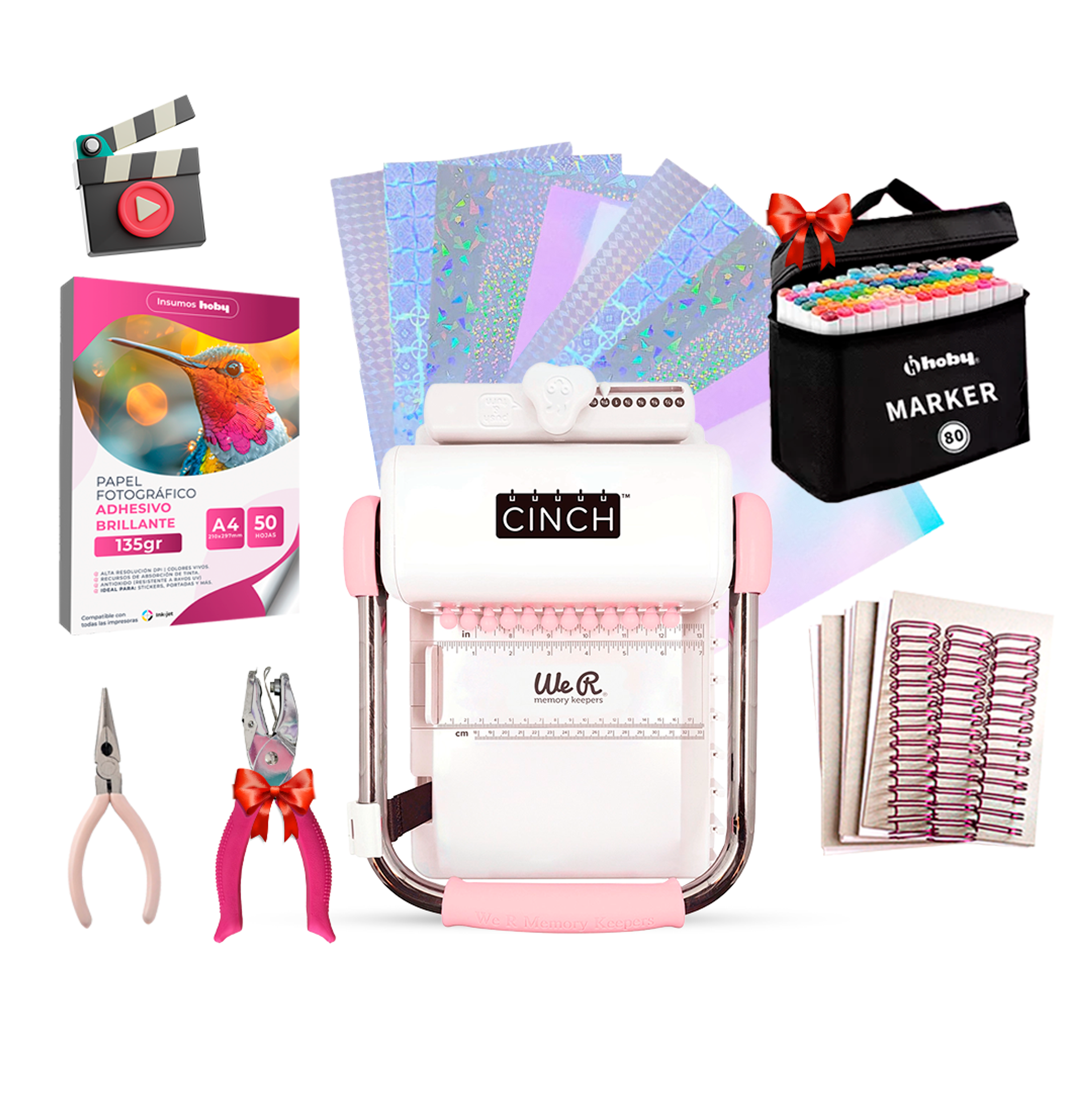 Kit Encuadernadora Cinch rosa + insumos y regalos 1