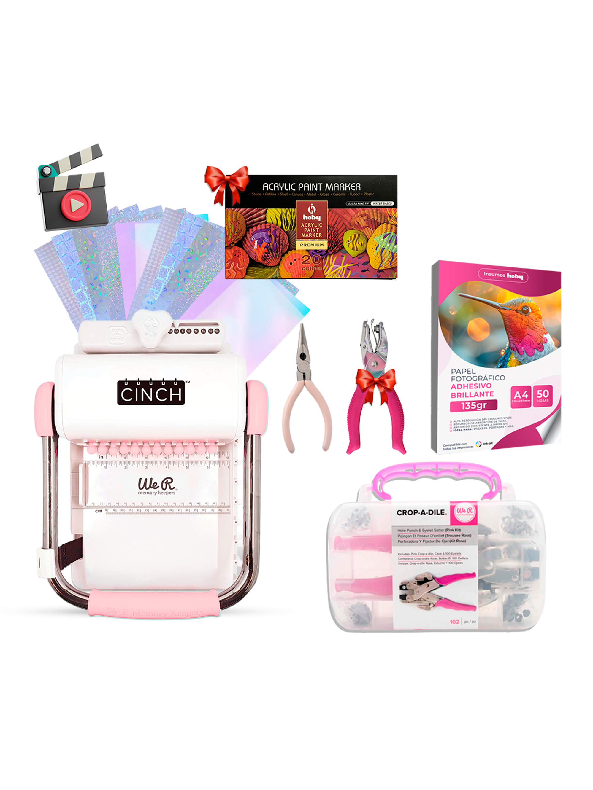 Kit Encuadernadora Cinch rosa + insumos y regalos 1