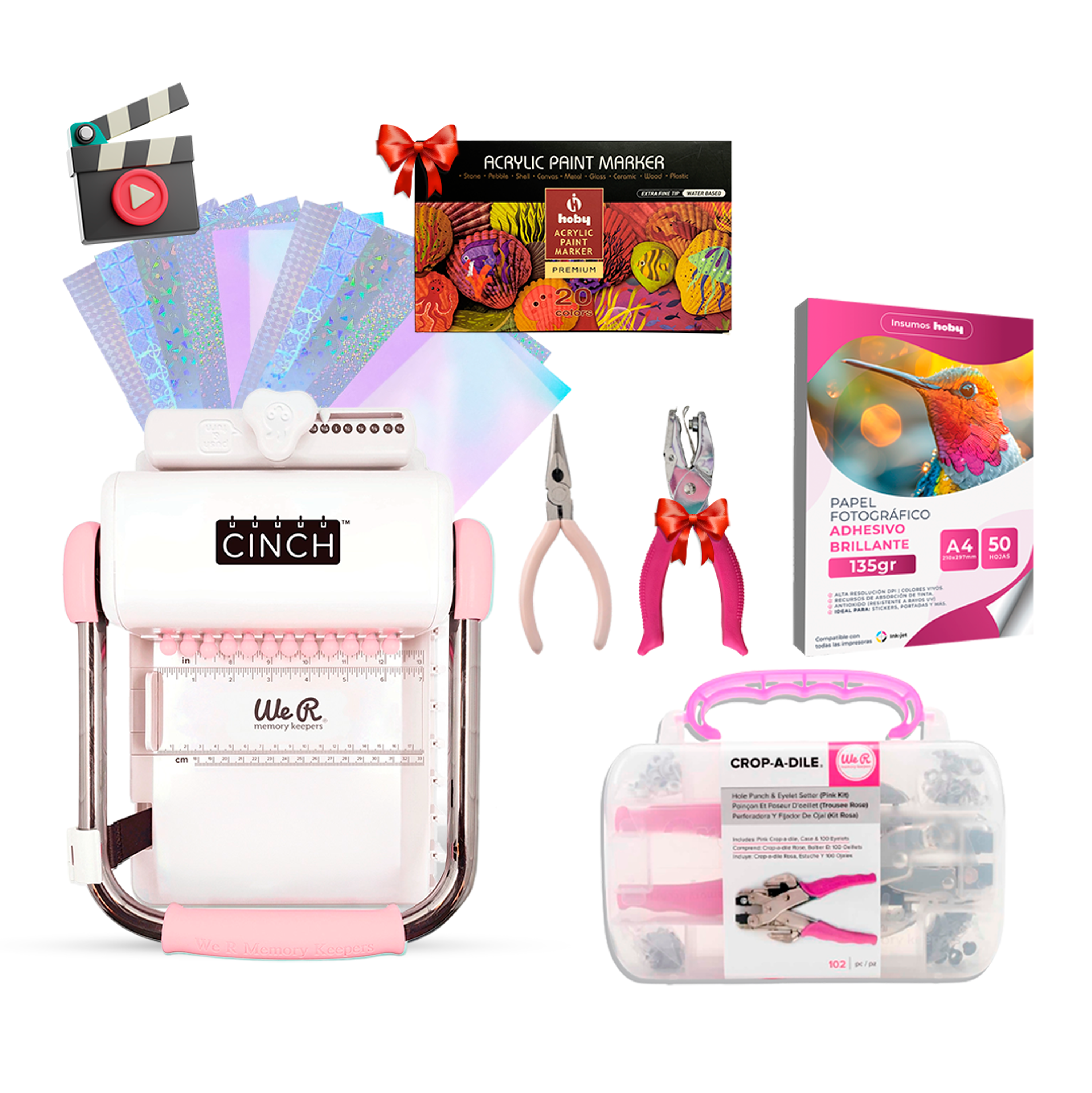Kit Encuadernadora Cinch rosa + insumos y regalos 1