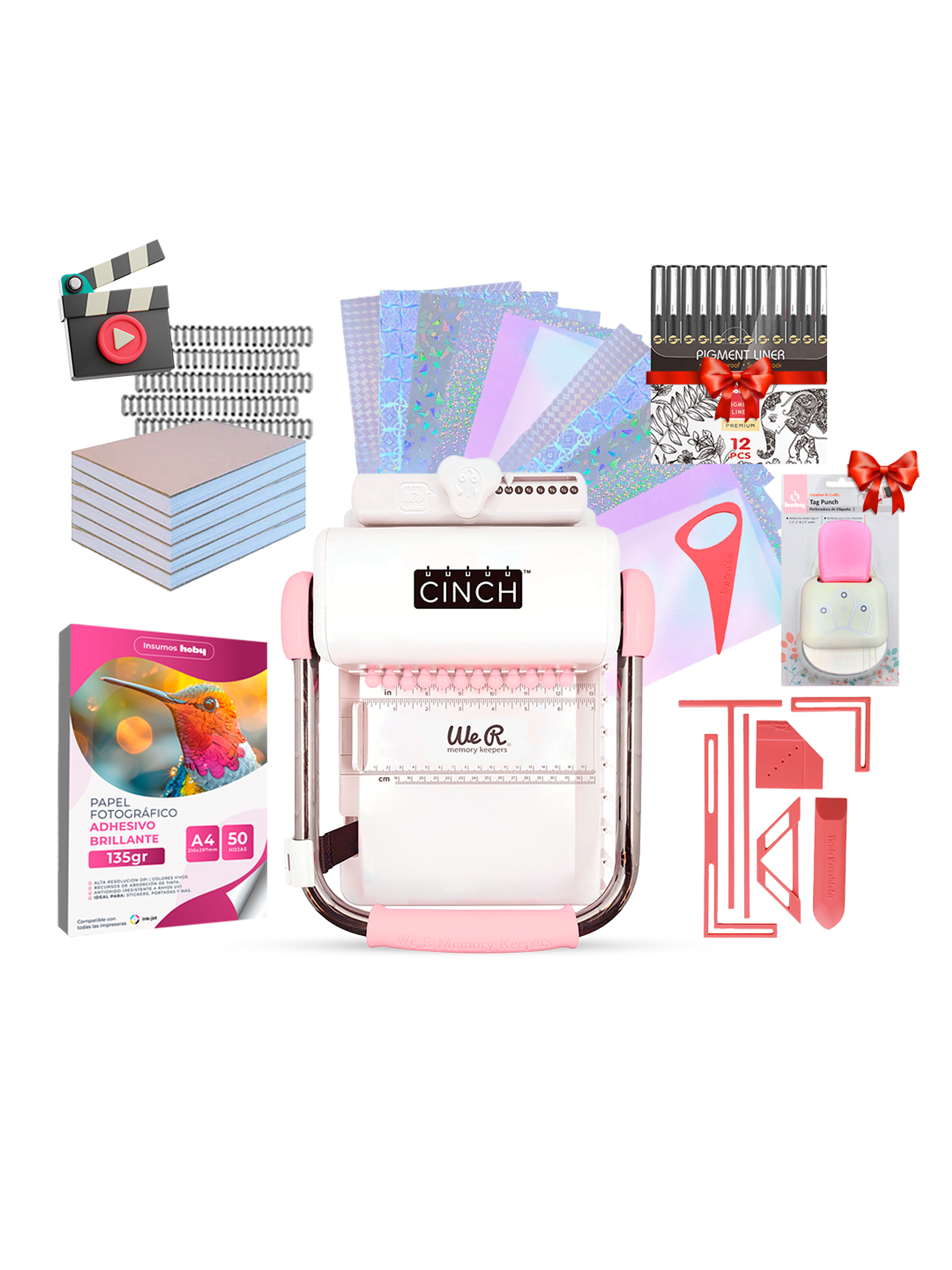 Kit Encuadernadora Cinch rosa + insumos y regalos 1
