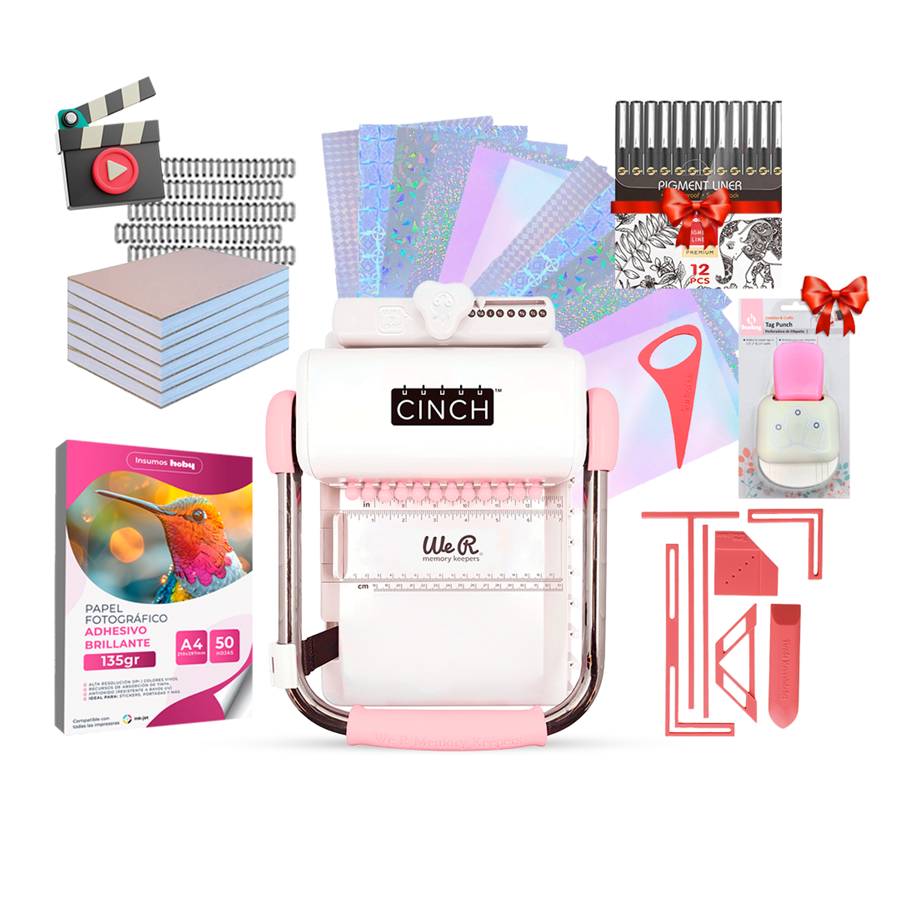 Kit Encuadernadora Cinch rosa + insumos y regalos 1