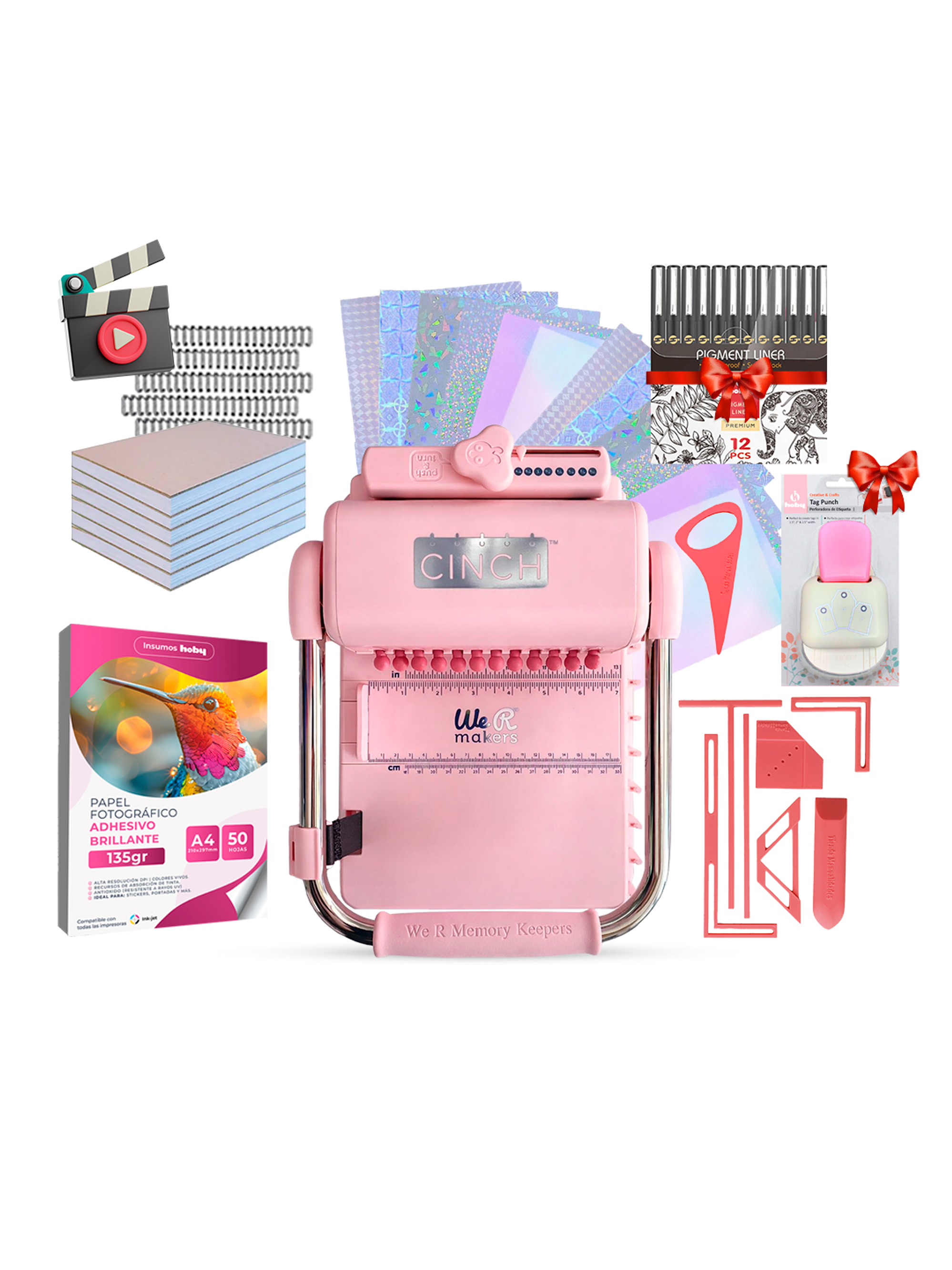 Kit De Encuadernadora Cinch Pink + Reglas E Insumos Vip Cp41 1