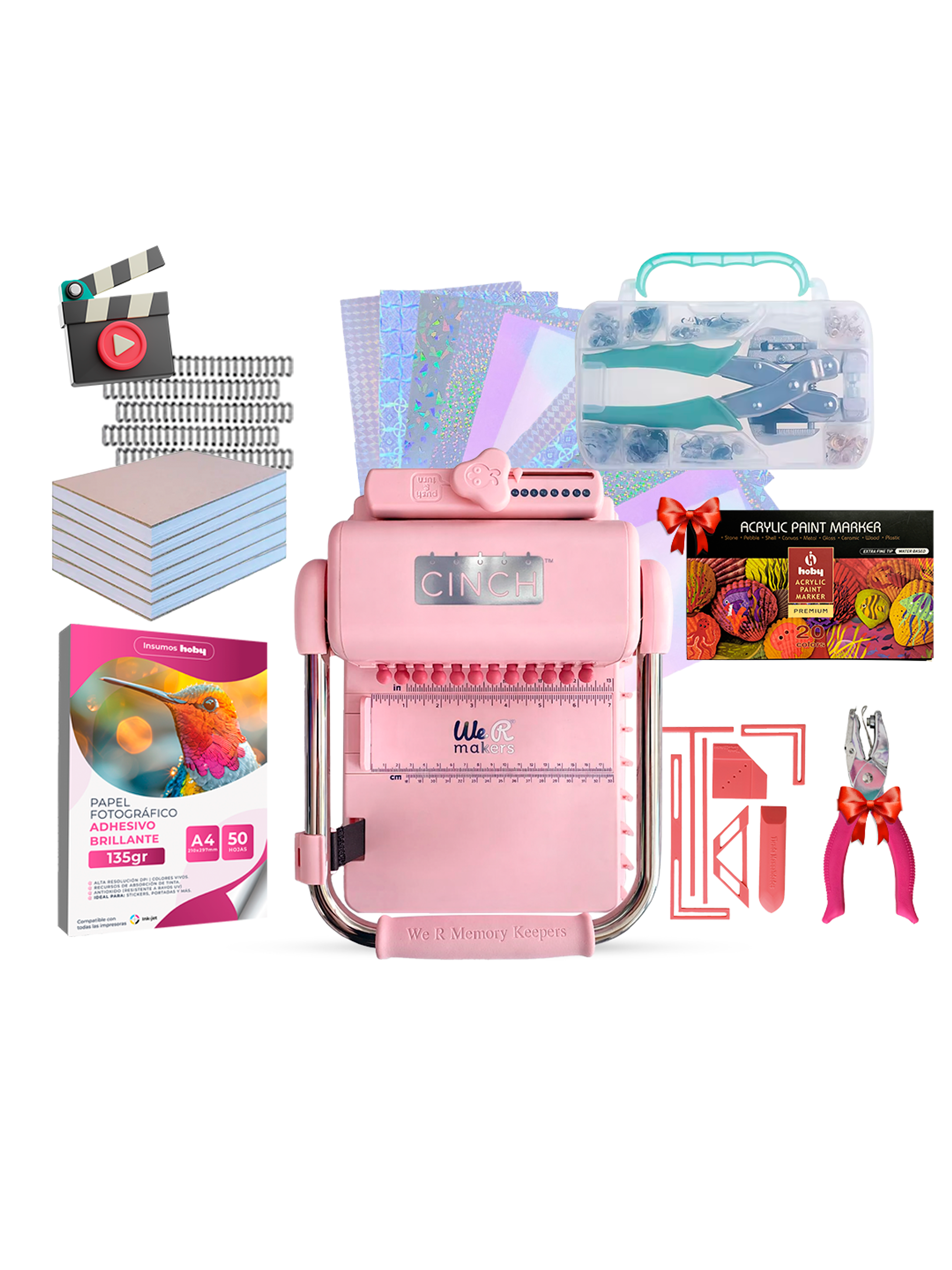 Kit Encuadernadora Cinch Rosa + Ojetilladora E Insumos Cp44 1