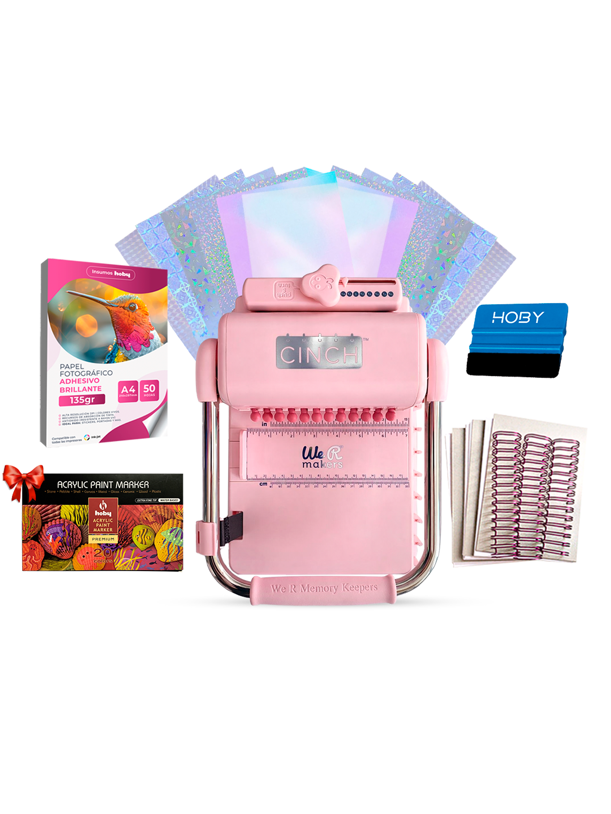 Kit De Encuadernadora Cinch Pink Rosa + Laminado en frio holográfico + Regalos Cp21 1