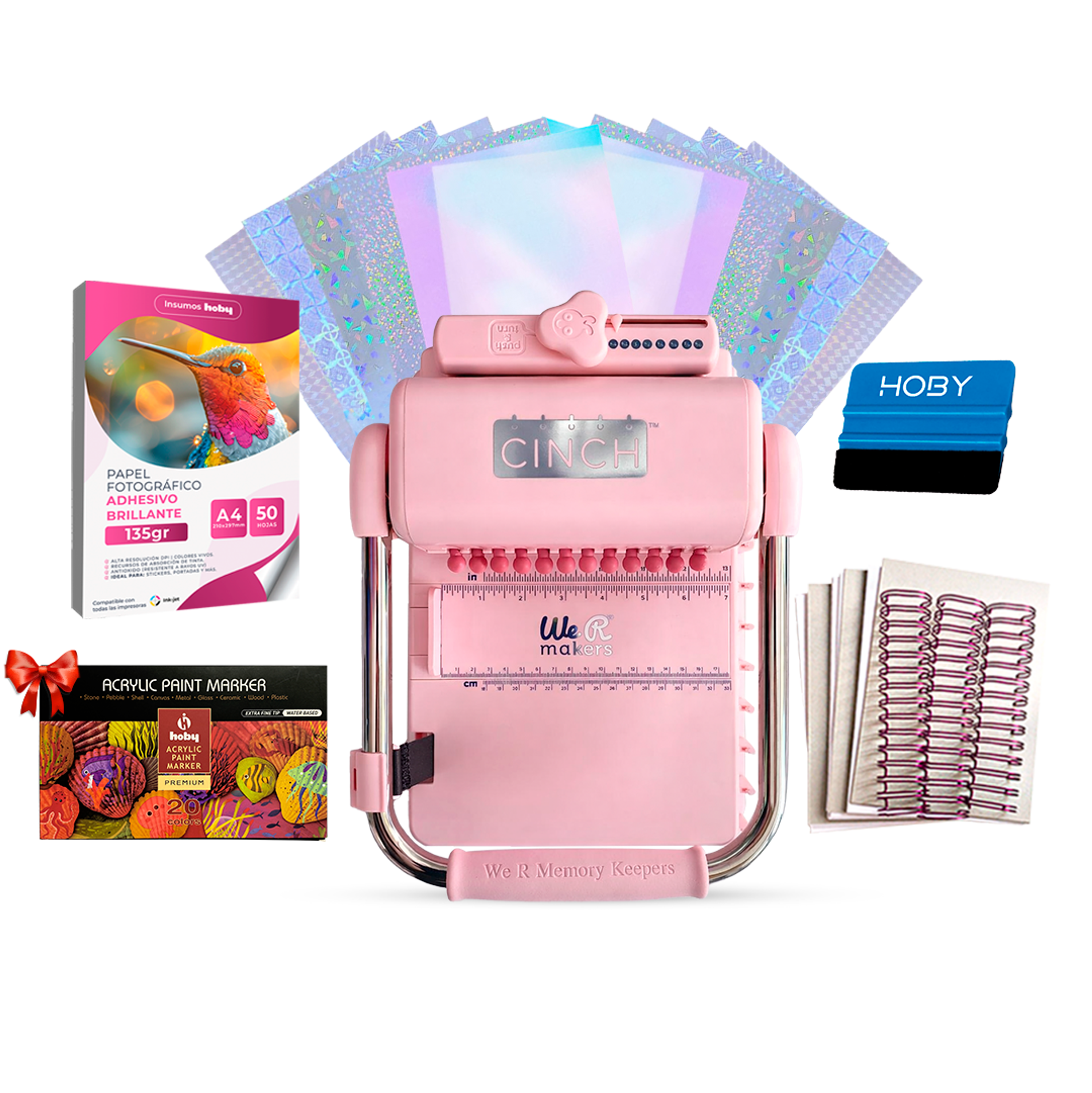 Kit De Encuadernadora Cinch Pink Rosa + Laminado en frio holográfico + Regalos Cp21 1