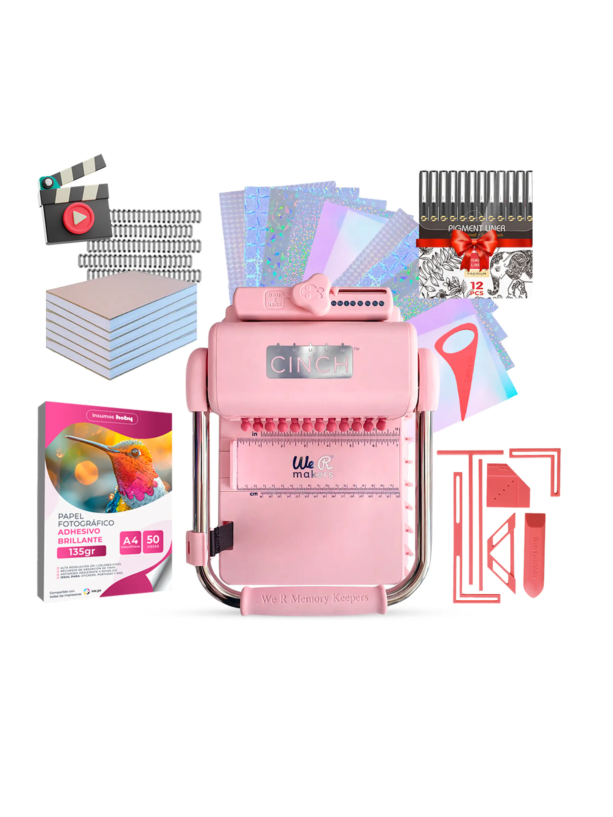 Kit De Encuadernadora Cinch Pink + Reglas E Insumos Vip Cp41 1