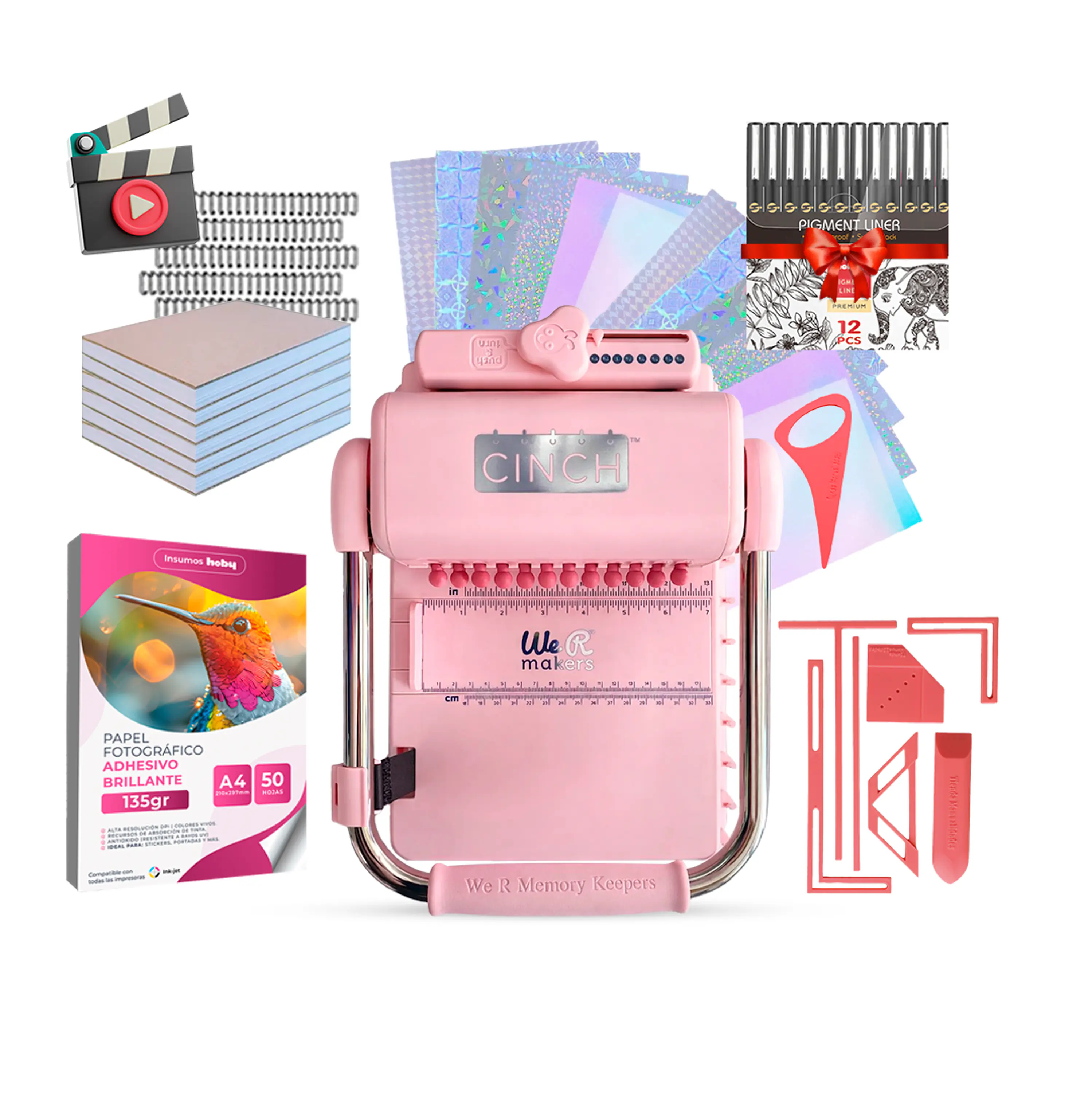 Kit De Encuadernadora Cinch Pink + Reglas E Insumos Vip Cp41 1