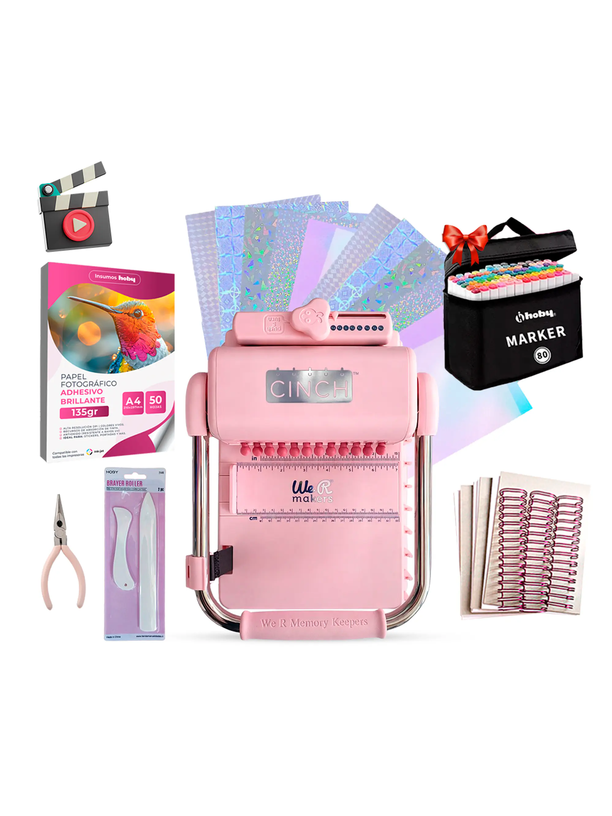 Kit De Encuadernadora Cinch Pink Rosa Inicial Redonda Cp67 1