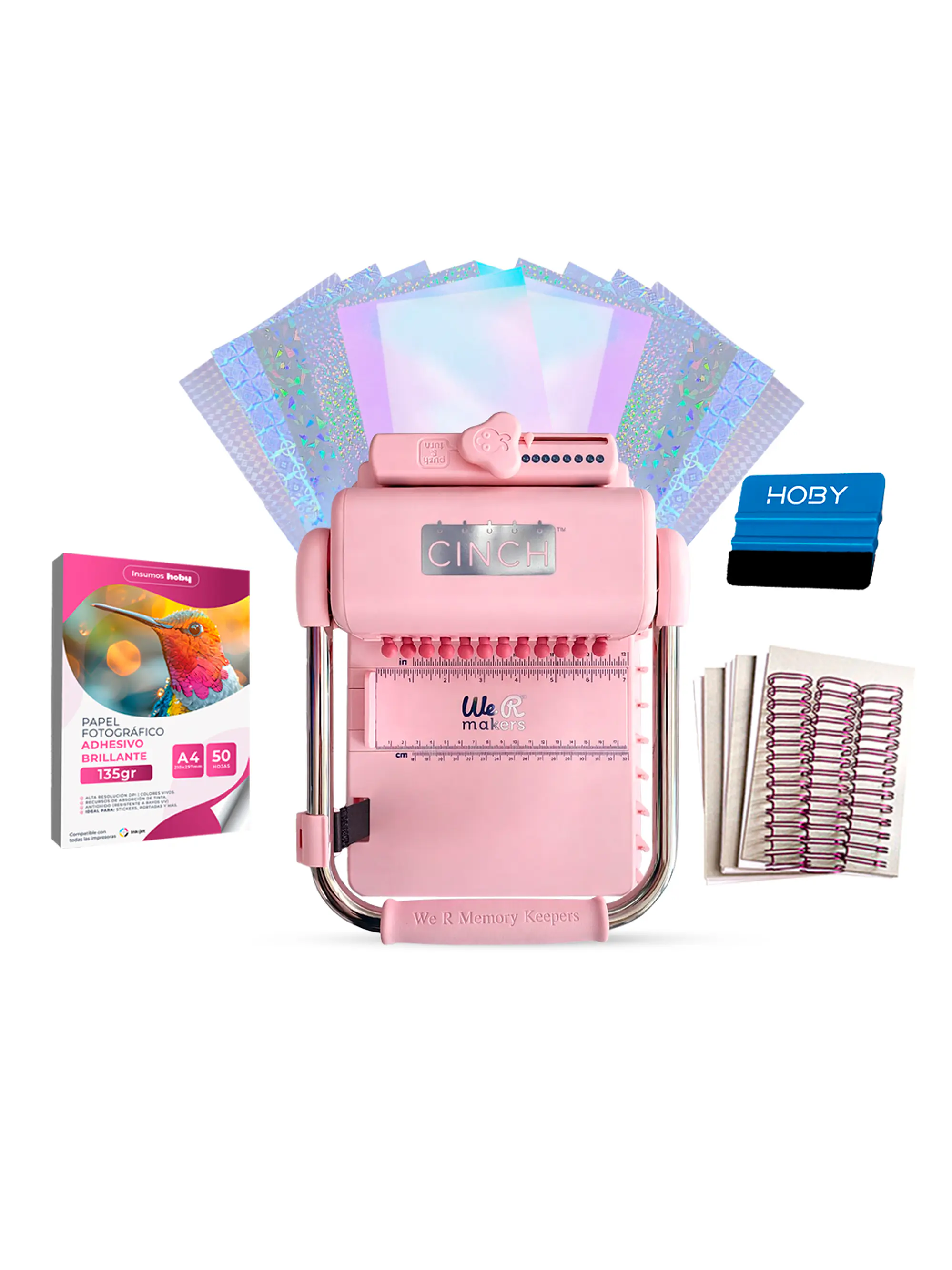 Kit De Encuadernadora Cinch Pink Rosa + Laminado en frio holográfico + Regalos Cp21 1